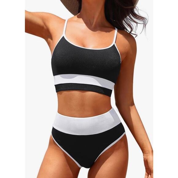 Tempt Me Women High Waist Bikini Set‎ Ribbed Two Piece Swimsuit Sporty S - Picture 1 of 9